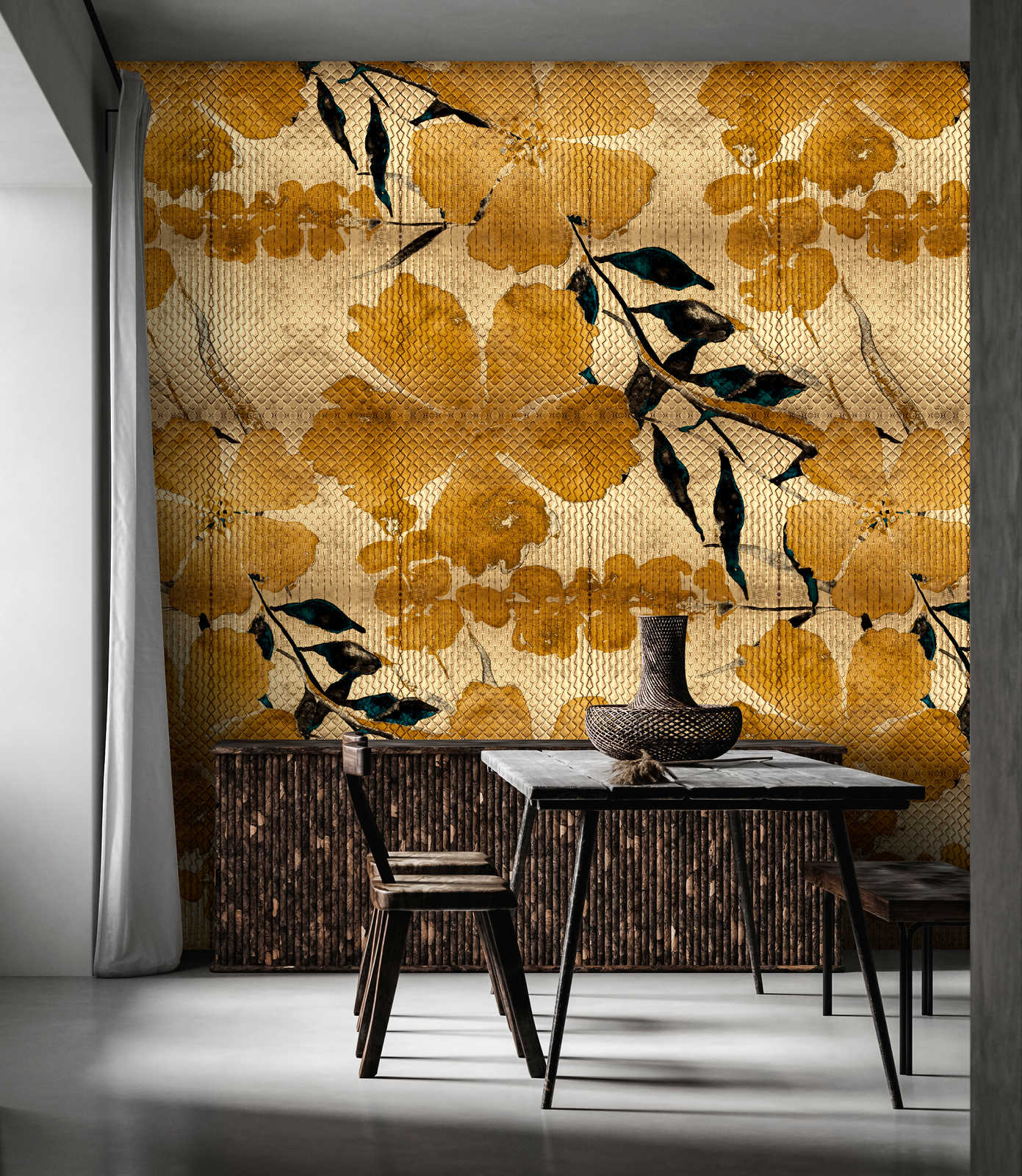             Odessa 1 - Metallic wall mural with cherry blossom pattern in gold
        