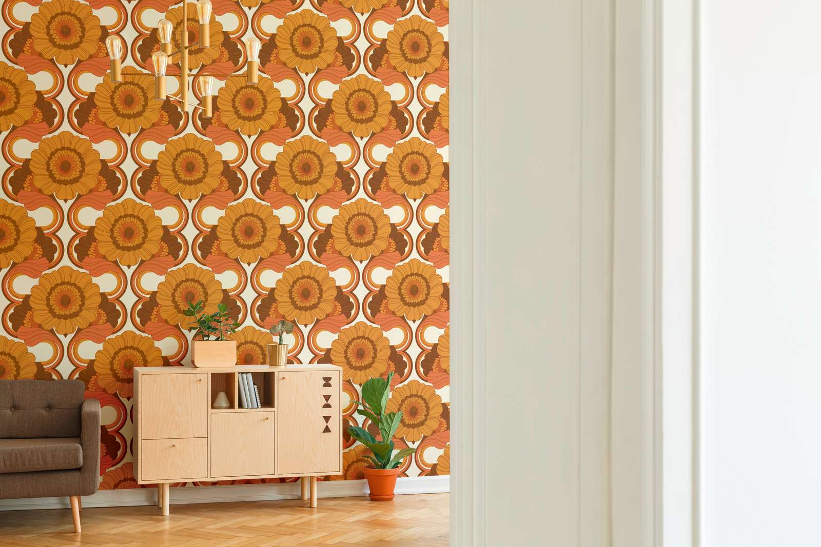             Floral retro wallpaper with floral pattern in warm colours - brown, yellow, orange
        
