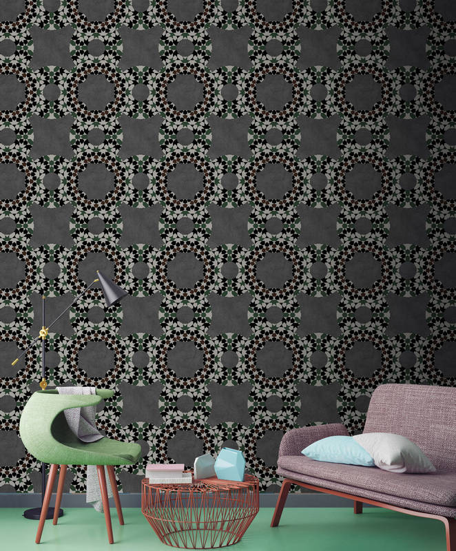             Graphic design mural grey with mosaic effect
        