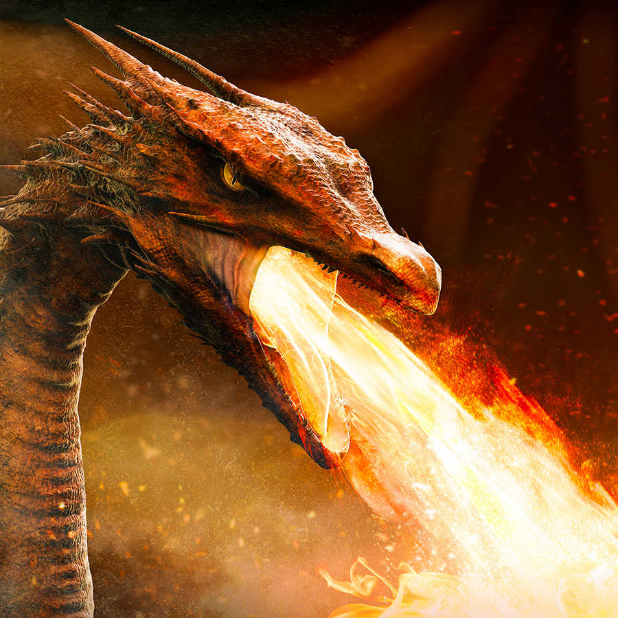 Papier peint panoramique fantaisie dragon crachant du feu sur nacre intissé lisse
