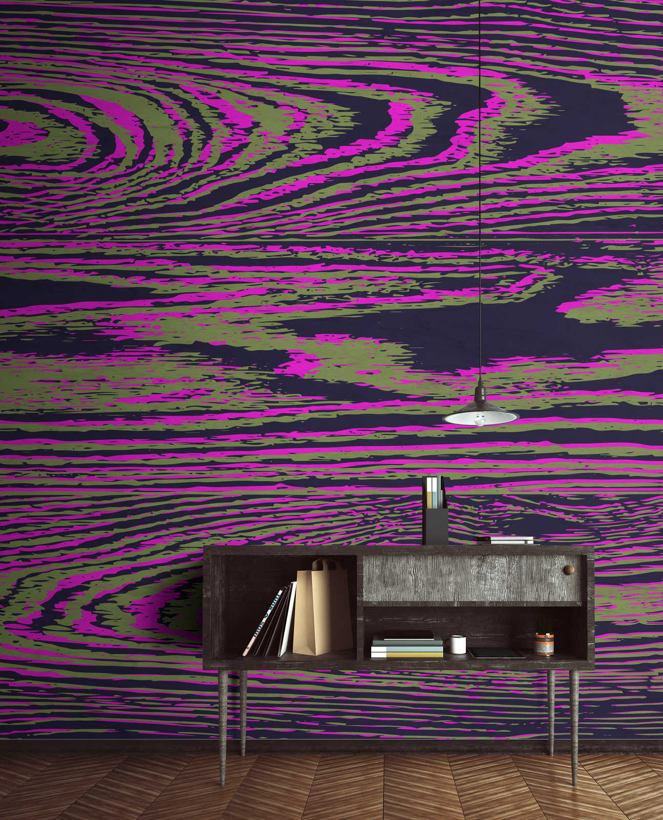            Kontiki 2 - Papier peint panoramique veines de bois néon, rose & noir
        