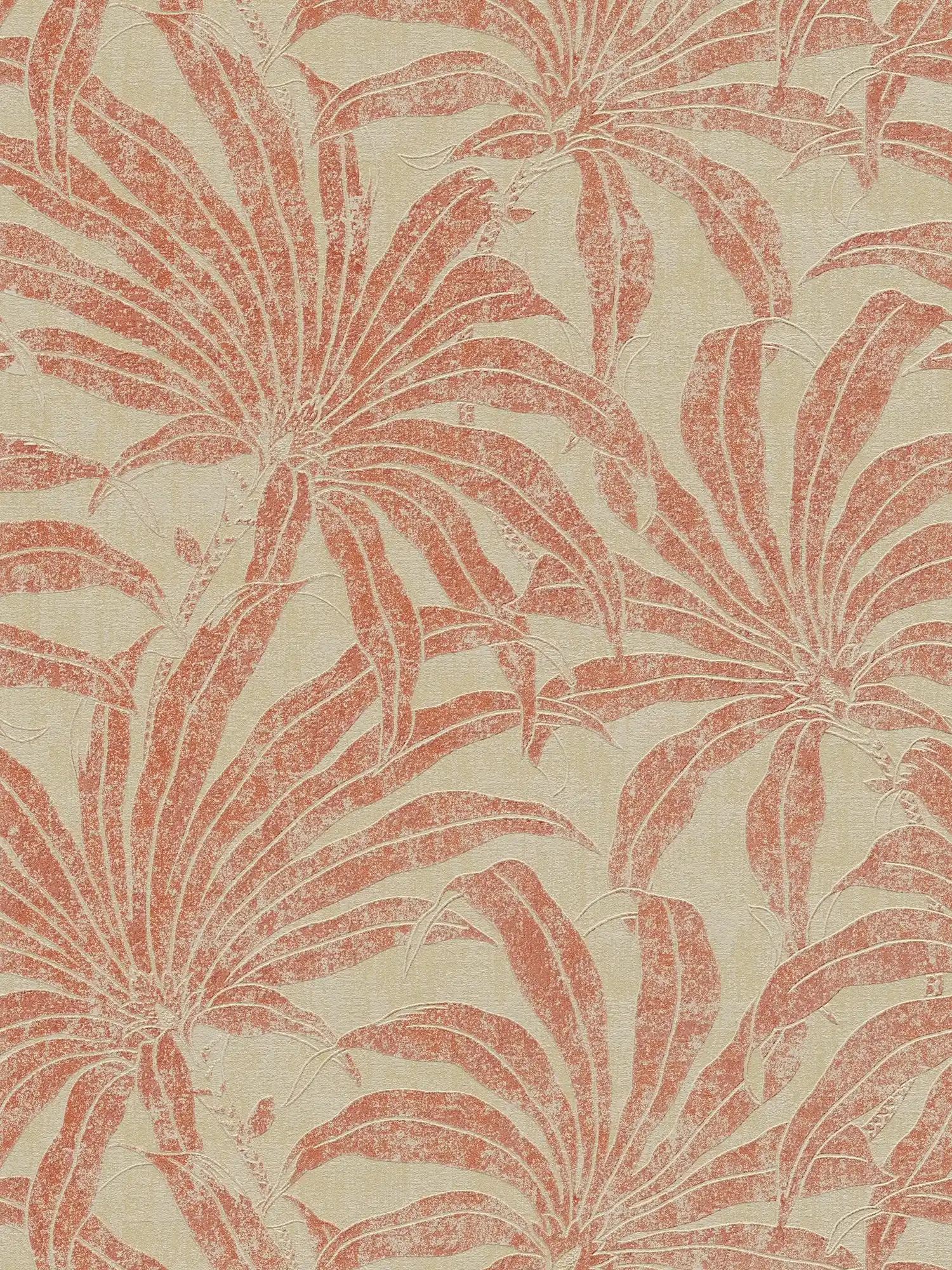 Floral pattern wallpaper with jungle blossom - beige, red, orange
