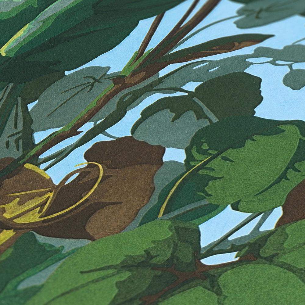             Zelfklevend behang | jungle behang met bladerenbos - groen, blauw, geel
        