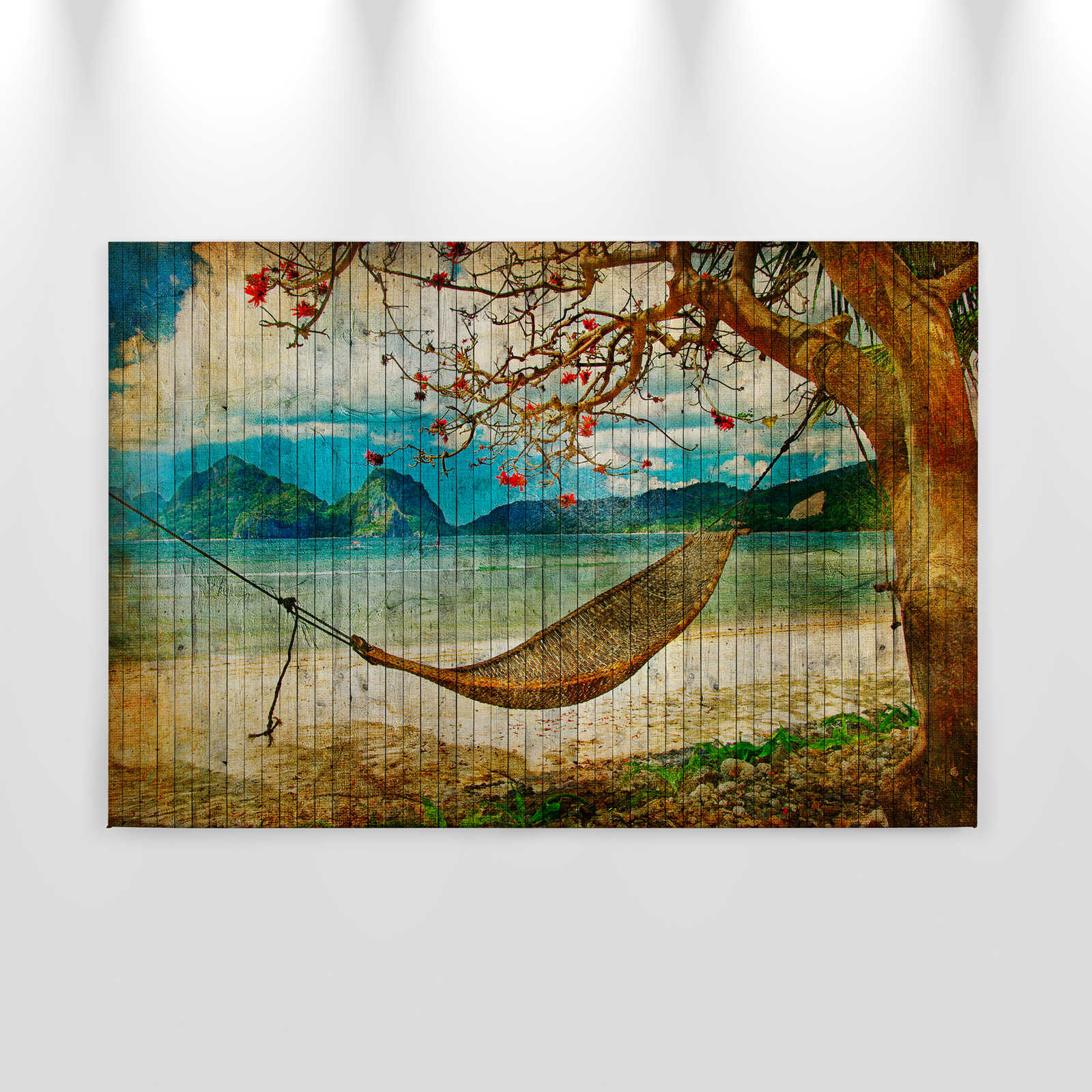             Tahiti 2 - Canvas painting in wood panel optic with hammock & South Seas beach - 0,90 m x 0,60 m
        