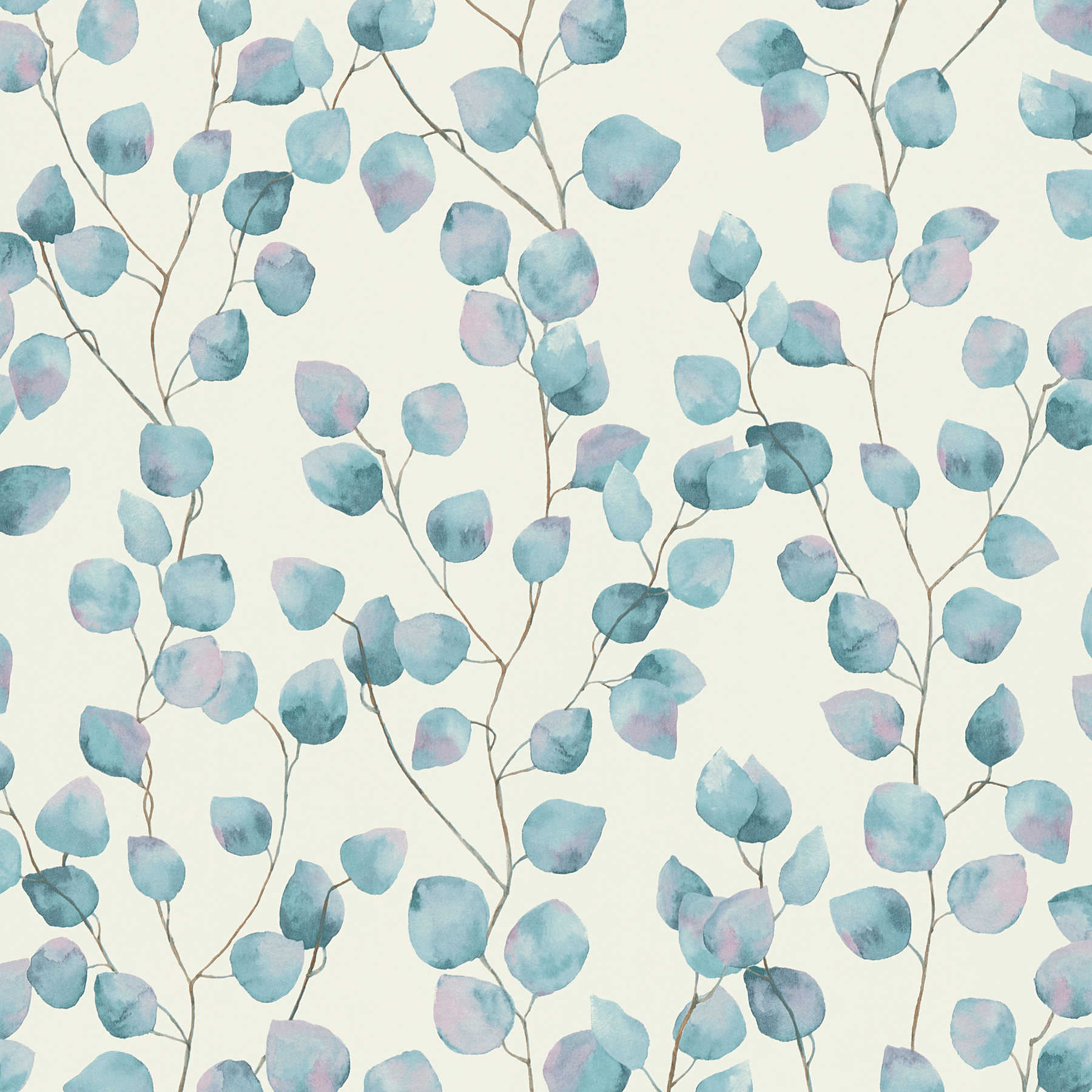Non-woven wallpaper leaf tendrils in watercolour style - blue, white

