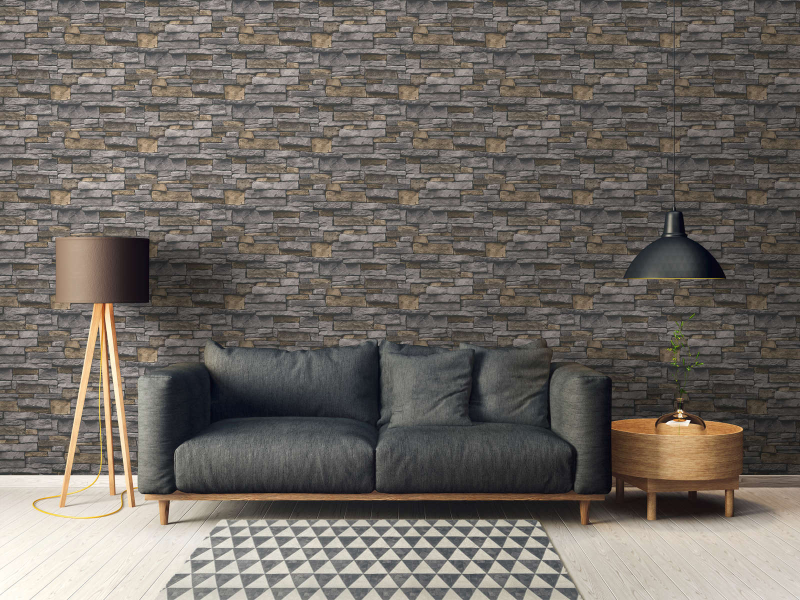             Non-woven wallpaper in stone look with natural stone wall - grey, beige
        