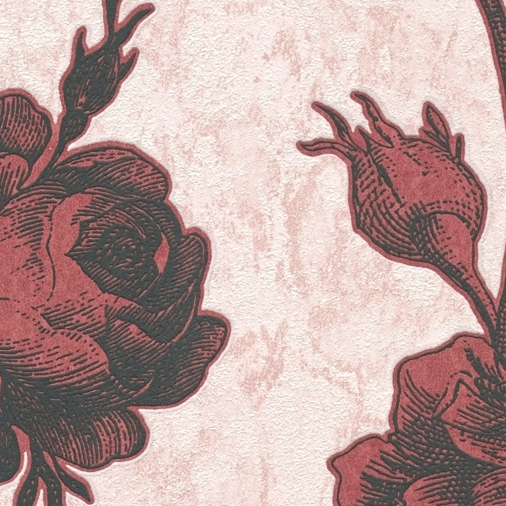             Rozen behang rood-zwart in vintage teken stijl - roze, rood
        