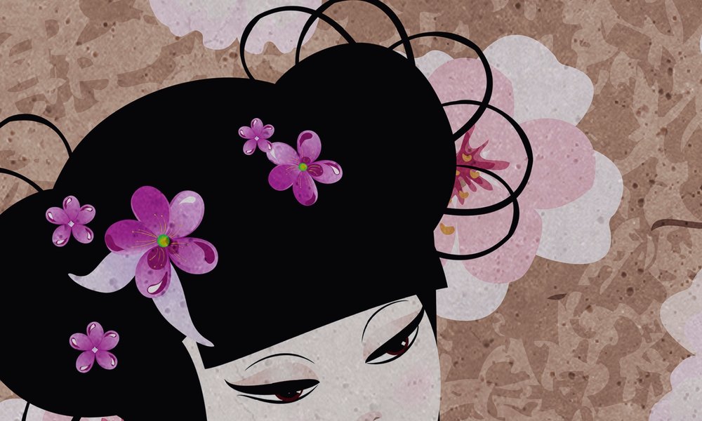             Fotomurali Giappone Comic con fiori di ciliegio - Beige, Blu
        