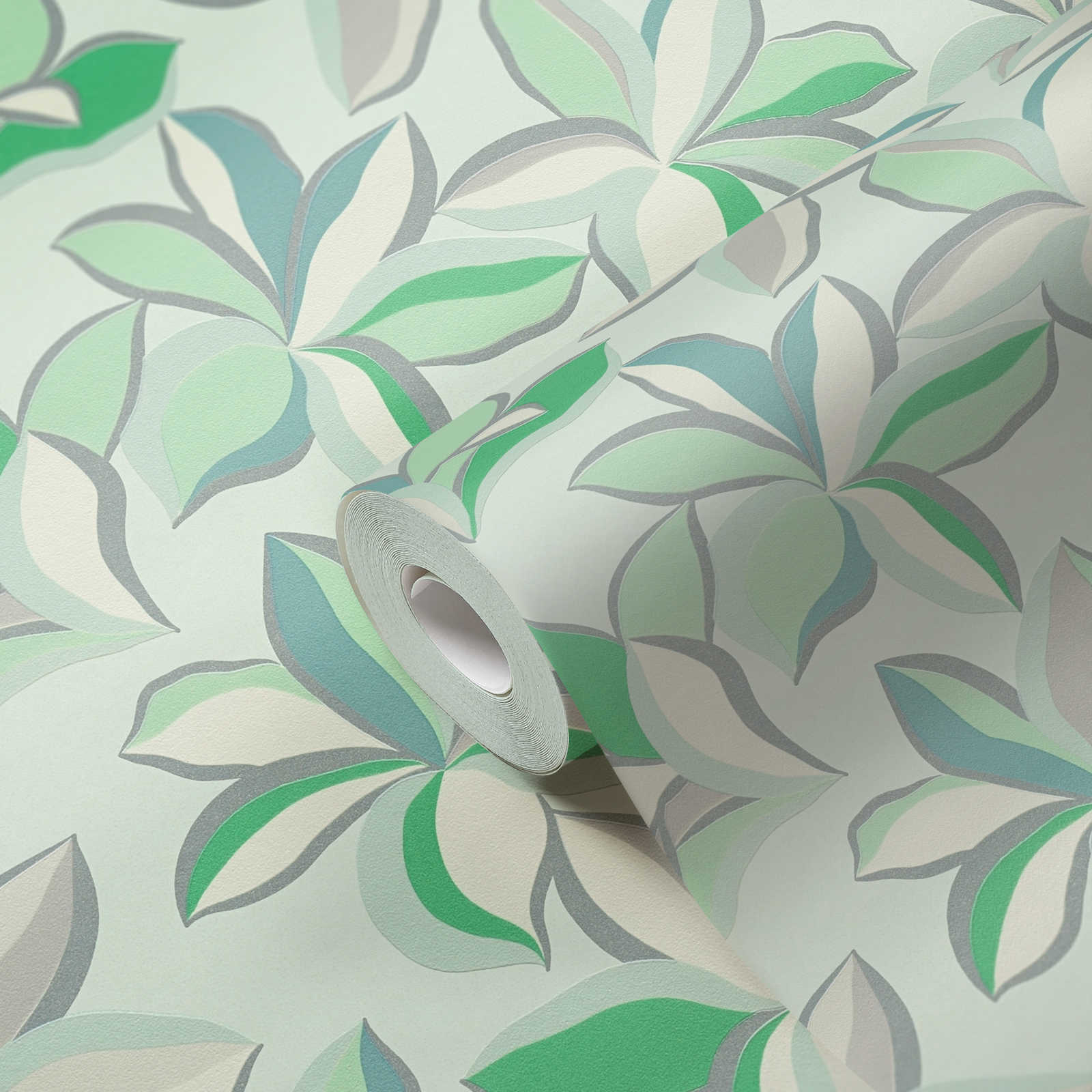             Papier peint intissé floral avec structure brillante - vert, gris
        