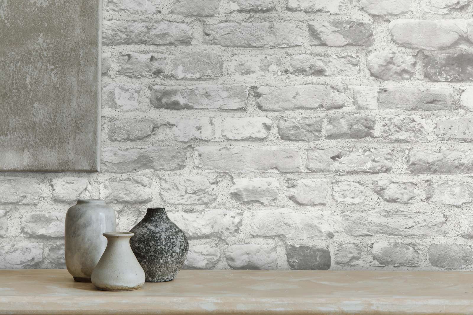             Papier peint imitation pierre avec maçonnerie 3D - gris, blanc
        