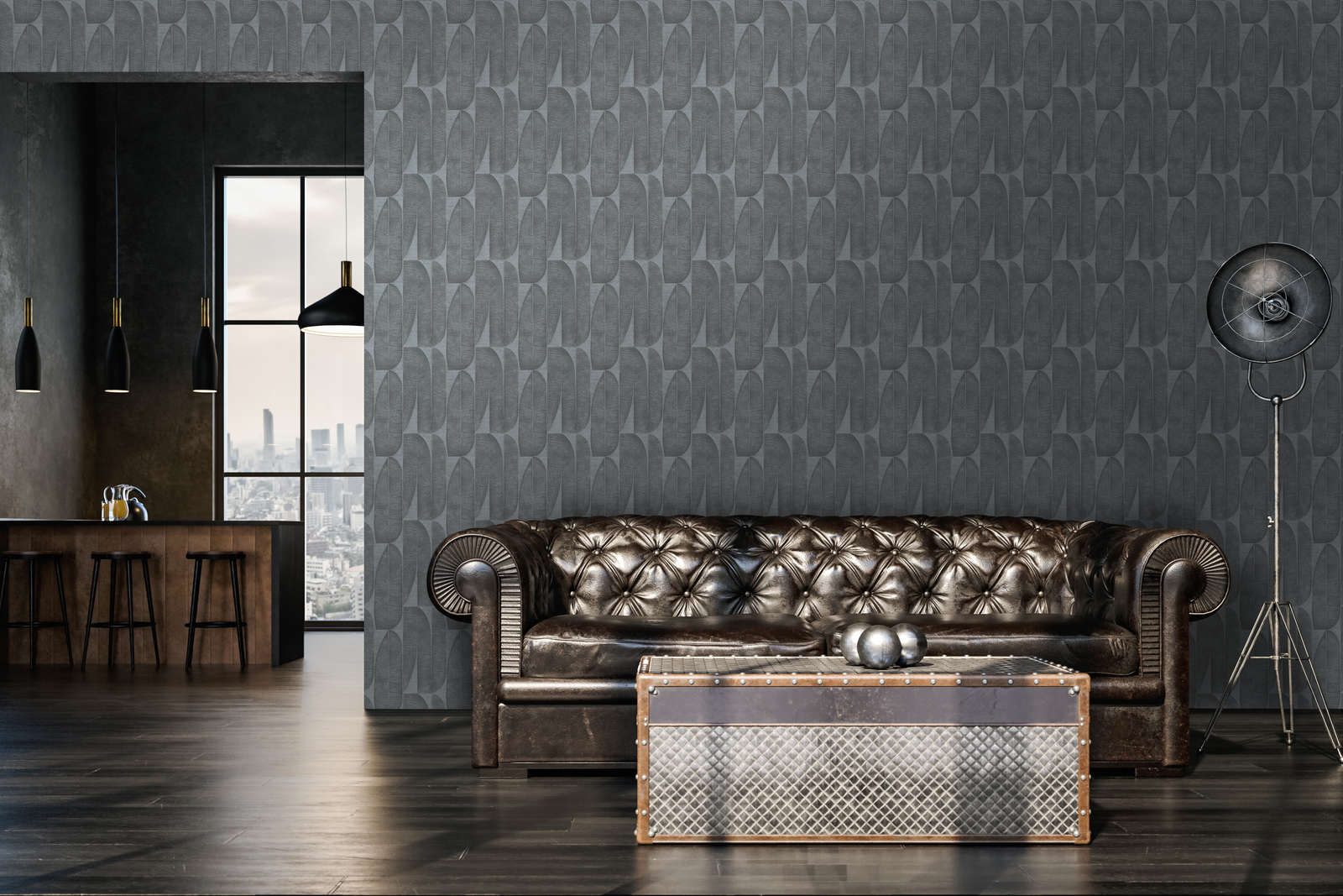             Wallpaper with geometric pattern floral in leaf look - black, anthracite
        