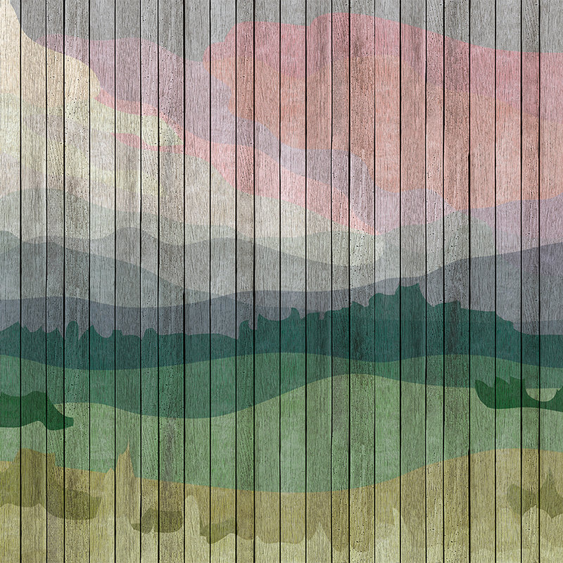 Mountains 2 - Papier peint moderne Paysage de montagne & aspect planche - beige, bleu | nacré intissé lisse
