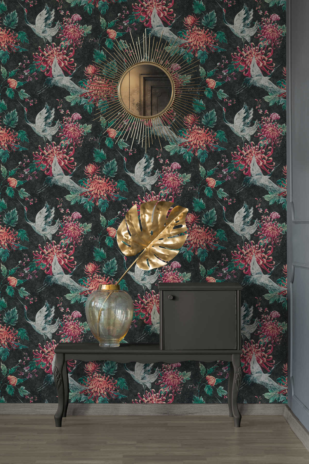             Pattern wallpaper with Asian crane and flower motif - black, red, green
        