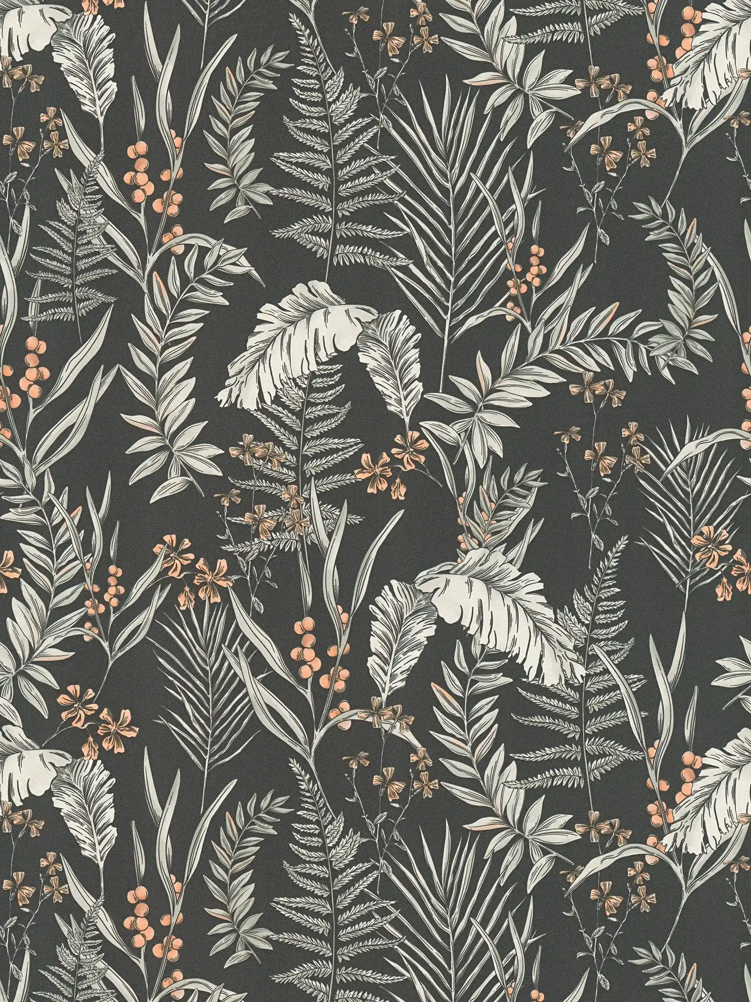 Floral wallpaper in modern style with flowers & leaves textured - Black, White, Orange
