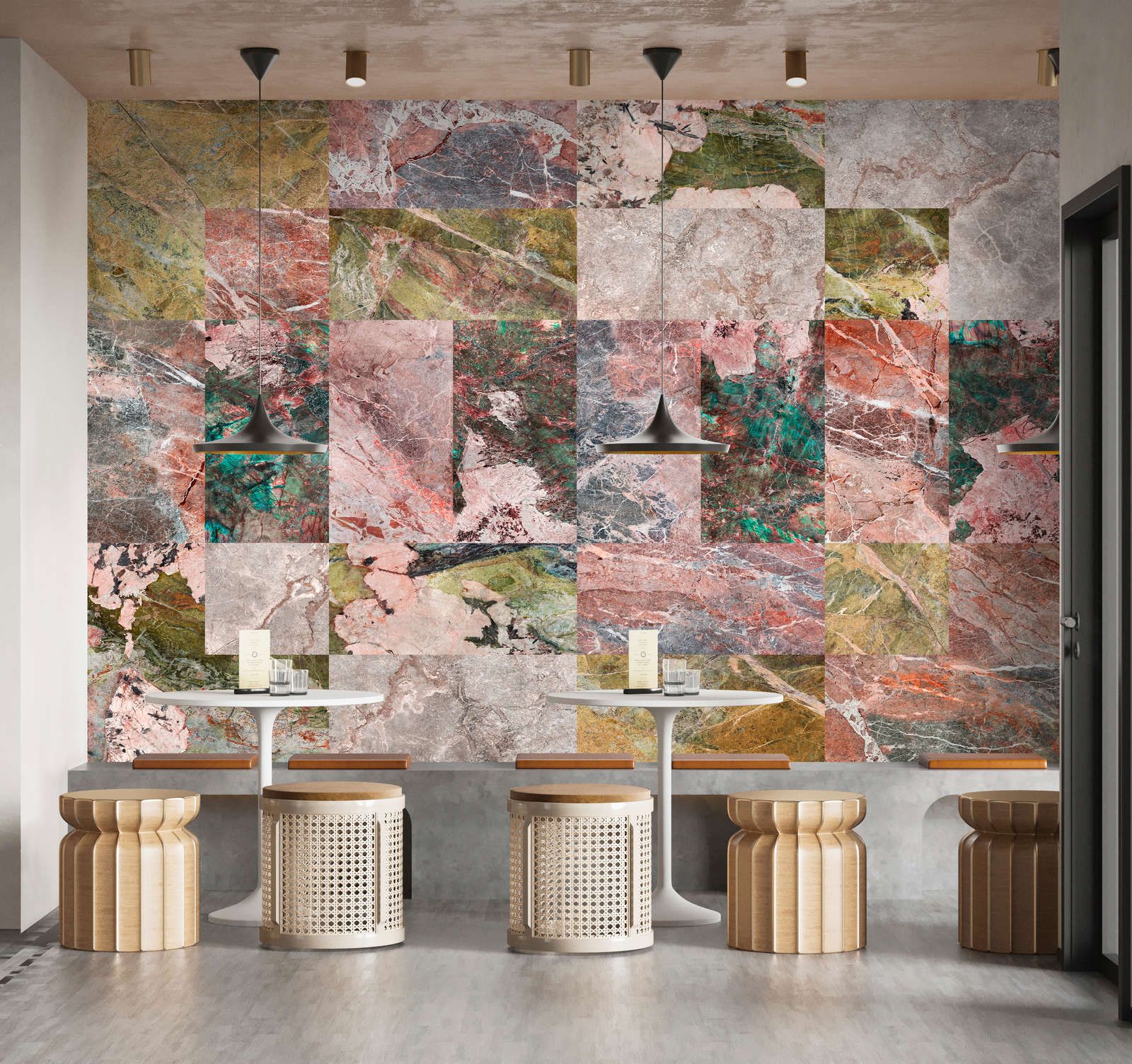             Photo wallpaper »mixed marble« - Marble patchwork design - Colourful | Smooth, slightly shiny premium non-woven fabric
        