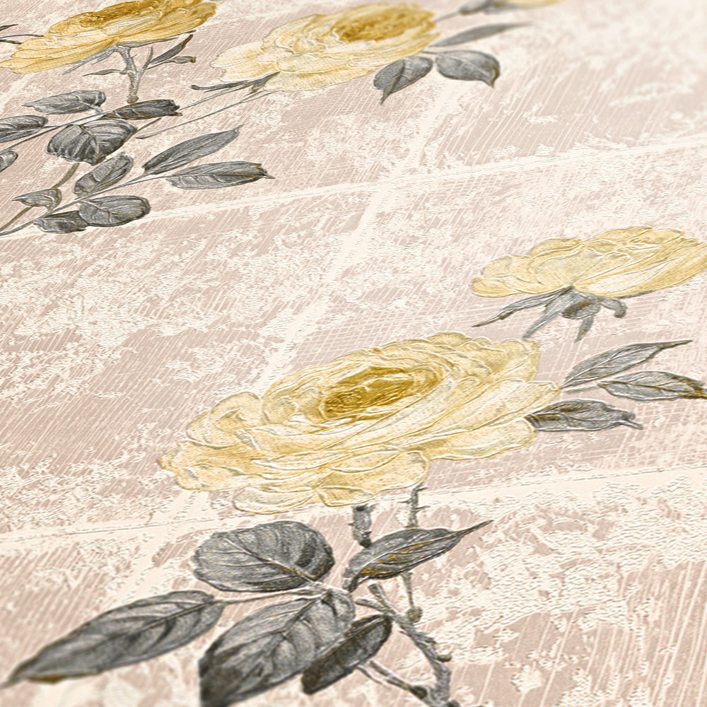             Papel pintado de estilo rústico con motivos de azulejos y rosas - amarillo, beige
        