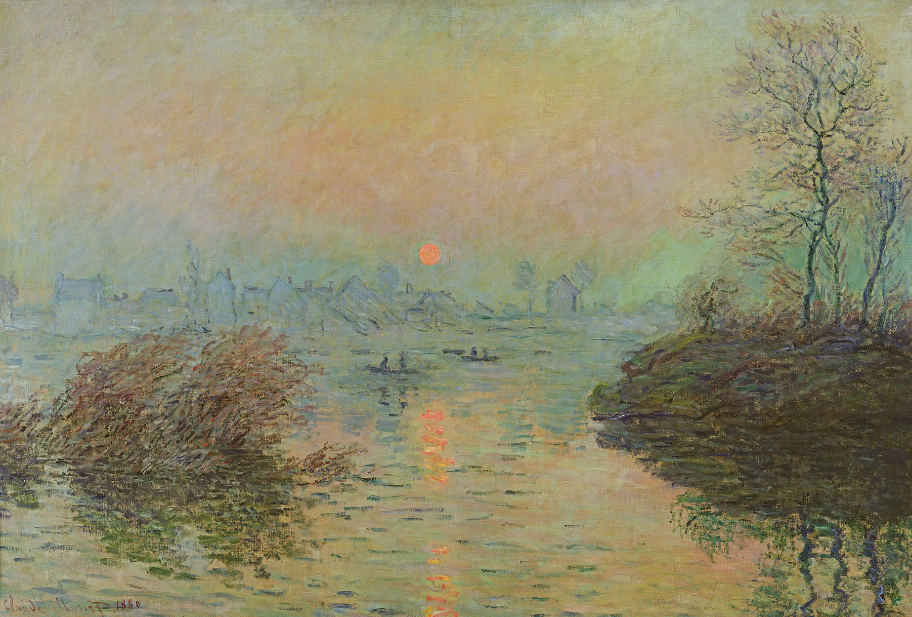             Muurschildering "Zonsondergang over de Seine bij Lavacourt" van Claude Monet
        