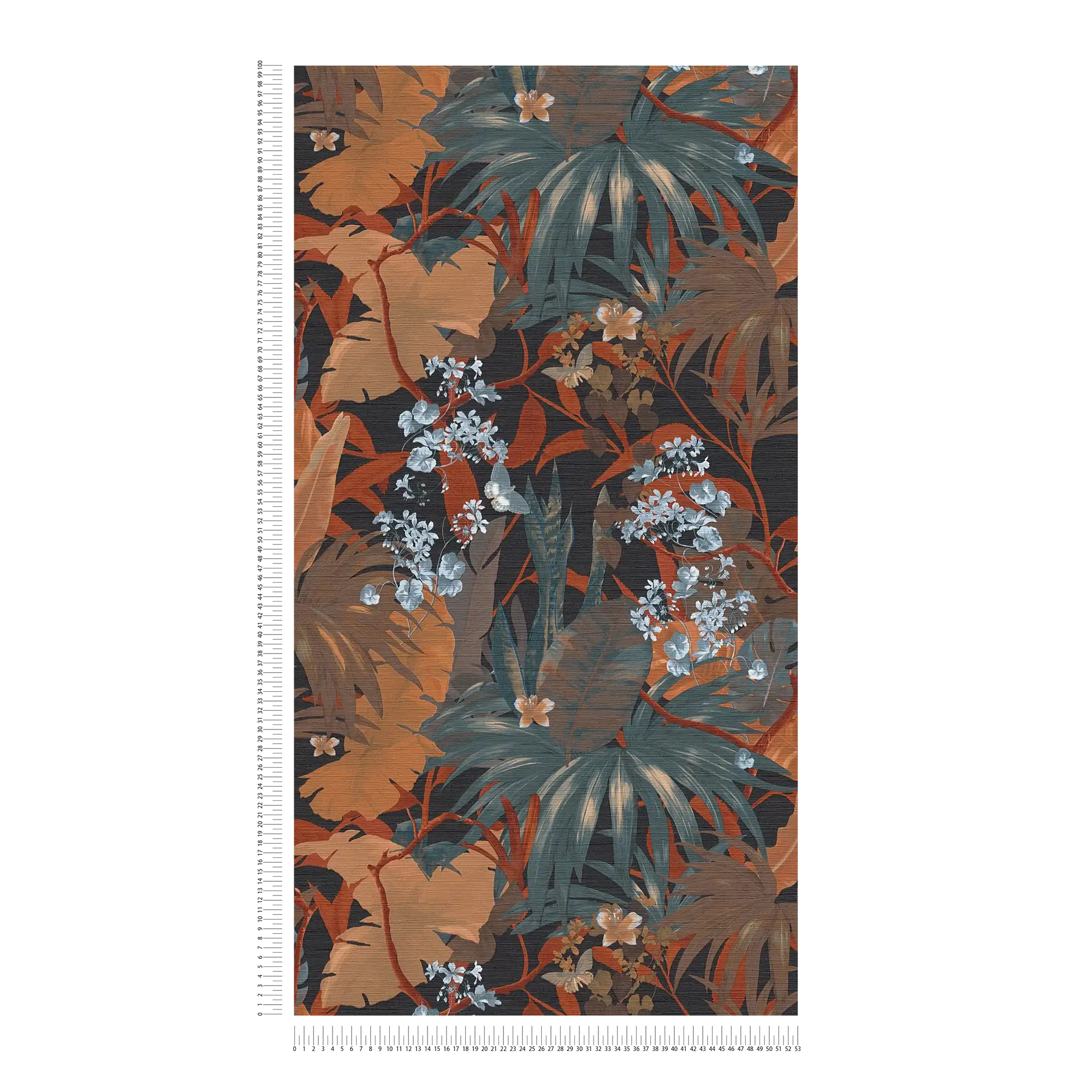             Jungle behang met bladmotief - oranje, blauw
        