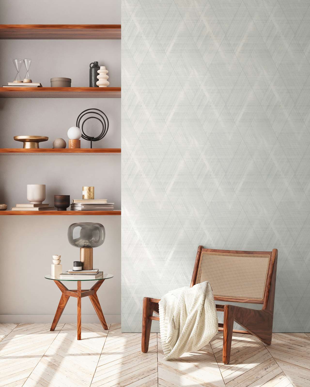             Textile optics wallpaper with diamond pattern - metallic, white
        