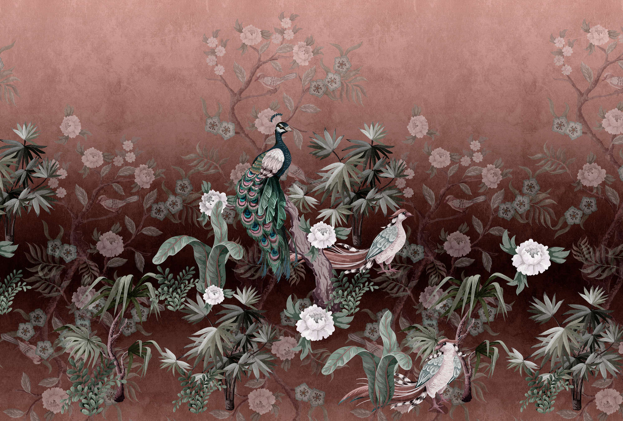             Peacock Island 1 - wall mural peacock garden with flowers in antique pink
        