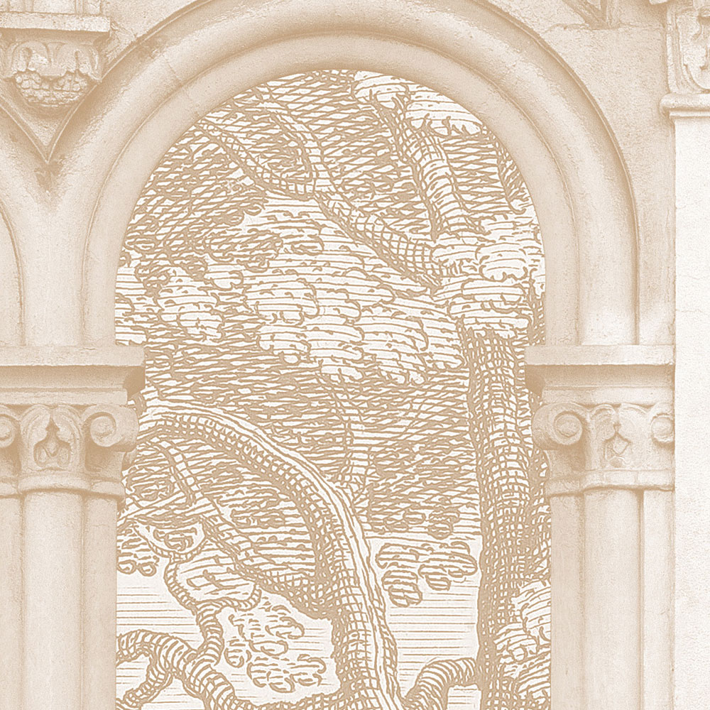             Roma 2 - Papel pintado beige Diseño histórico con ventana de arco redondo
        