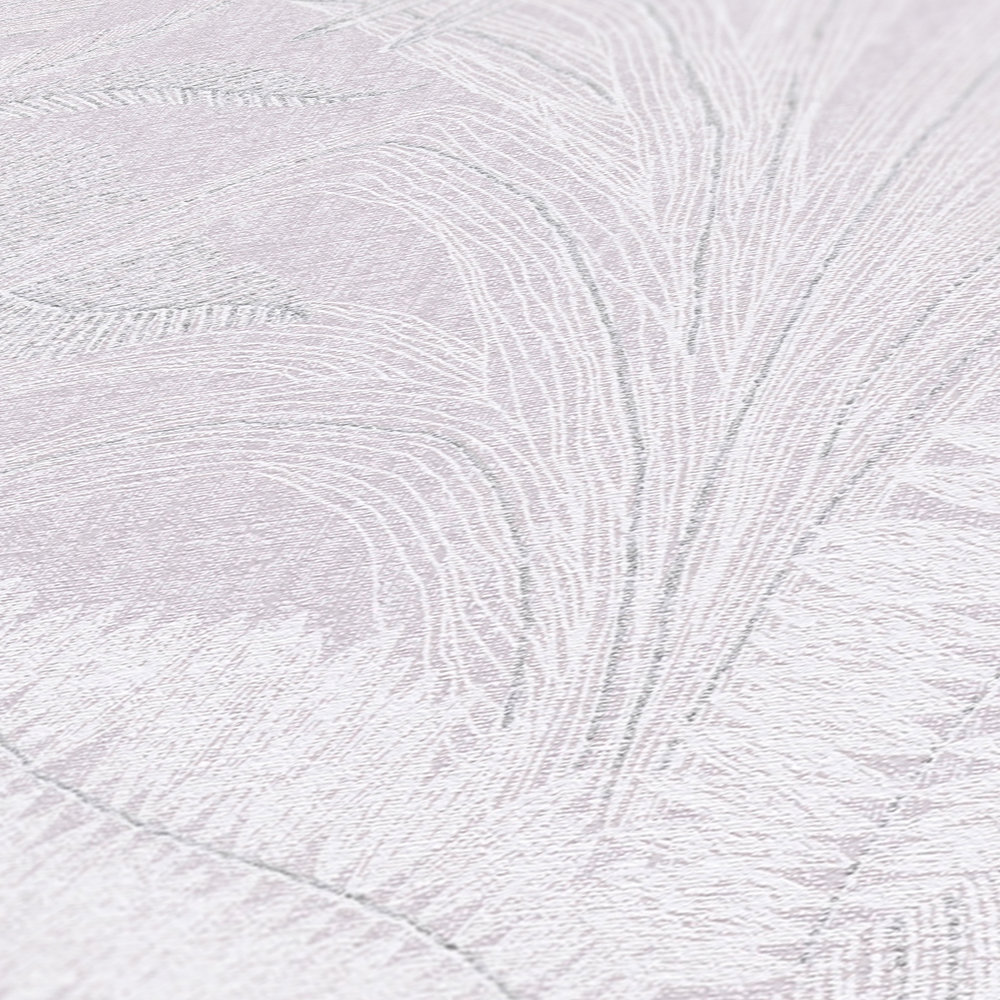             Carta da parati non tessuta con motivo a grandi foglie leggermente strutturato - viola, bianco, grigio
        