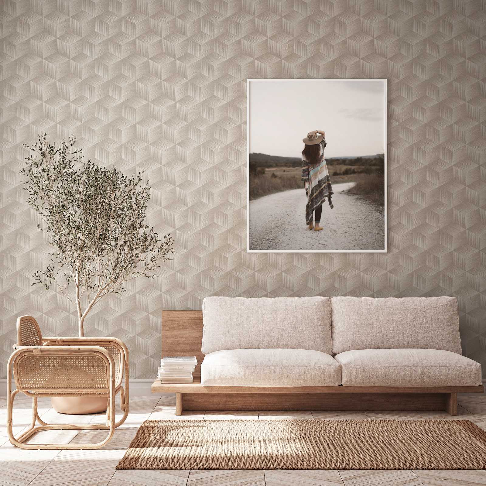             3D-look non-woven wallpaper with square pattern PVC-free - grey, greige, white
        