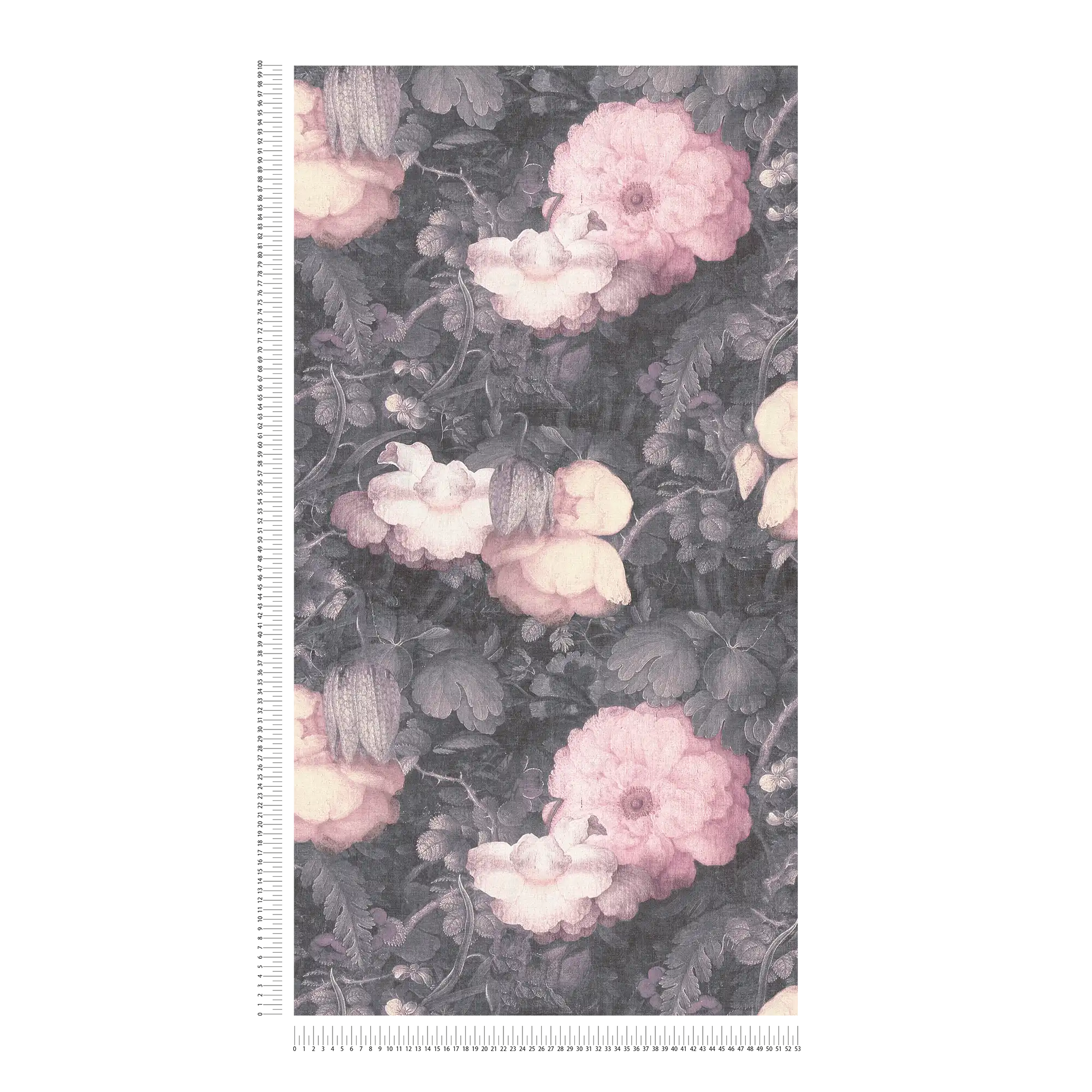             Papel pintado floral estilo pintura, aspecto de lienzo - gris, rosa, negro
        