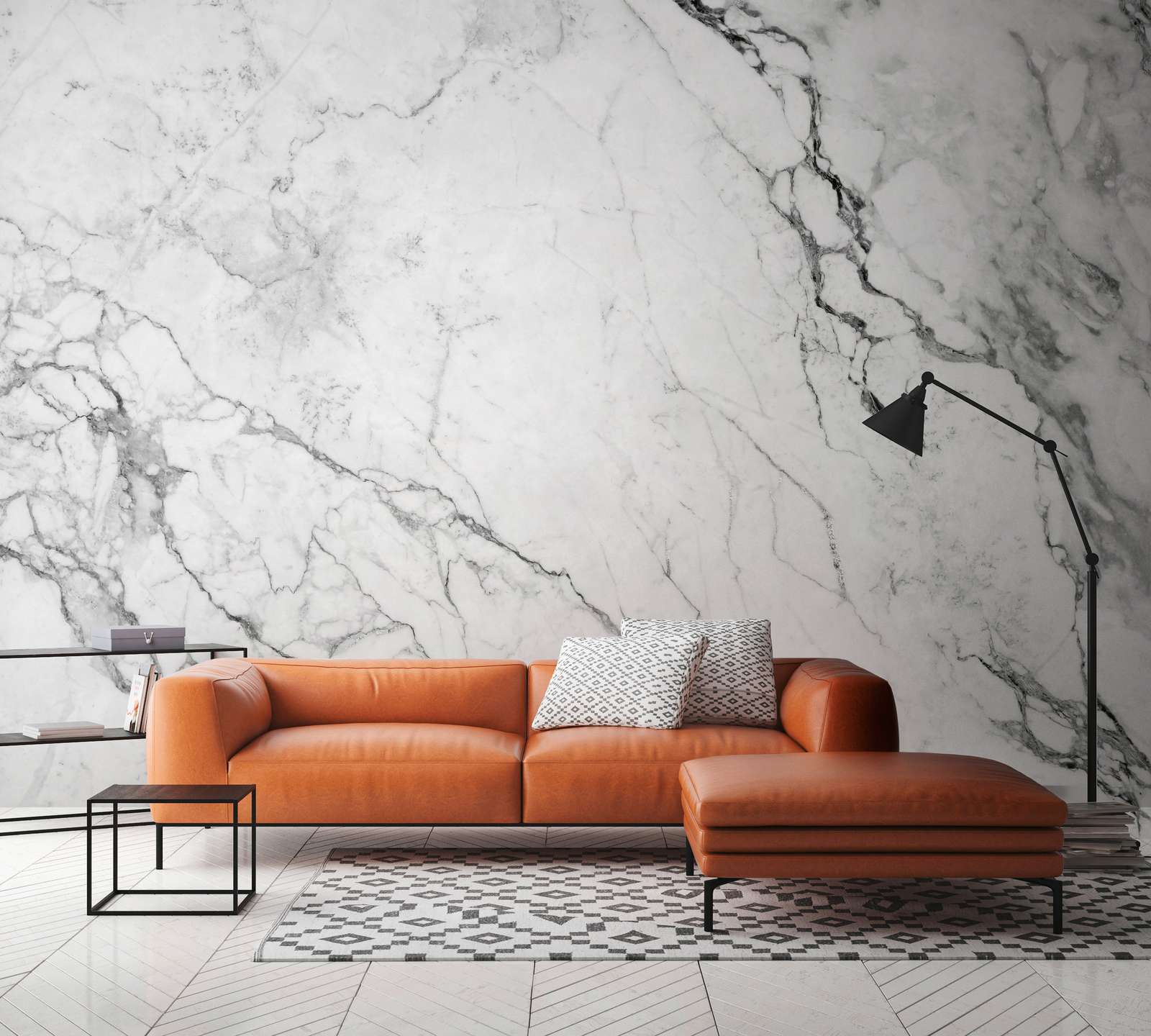             Papier peint panoramique aspect marbre moderne - gris, blanc
        