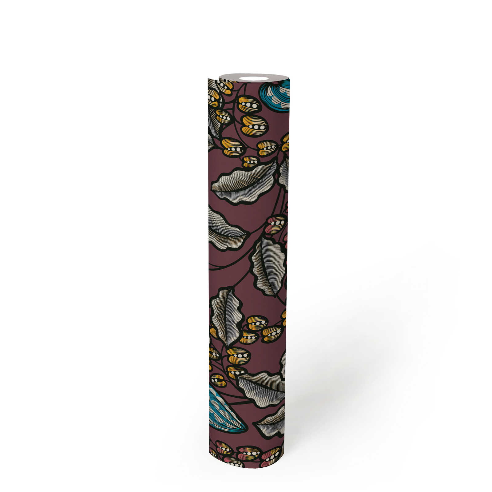             Floral wallpaper purple with leaves print in Scandinavian style
        