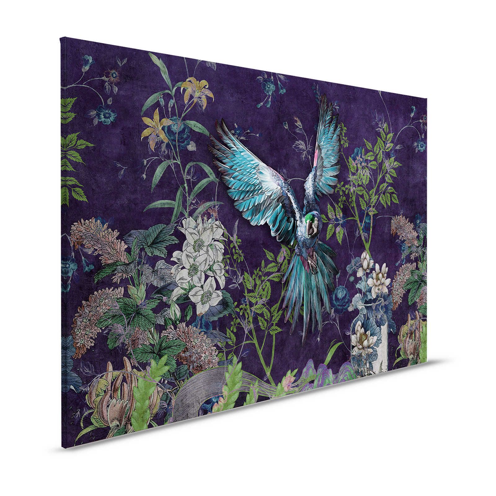 Tropical Hero 2 - Pappagallo dipinto su tela con fiori e sfondo nero - 1,20 m x 0,80 m
