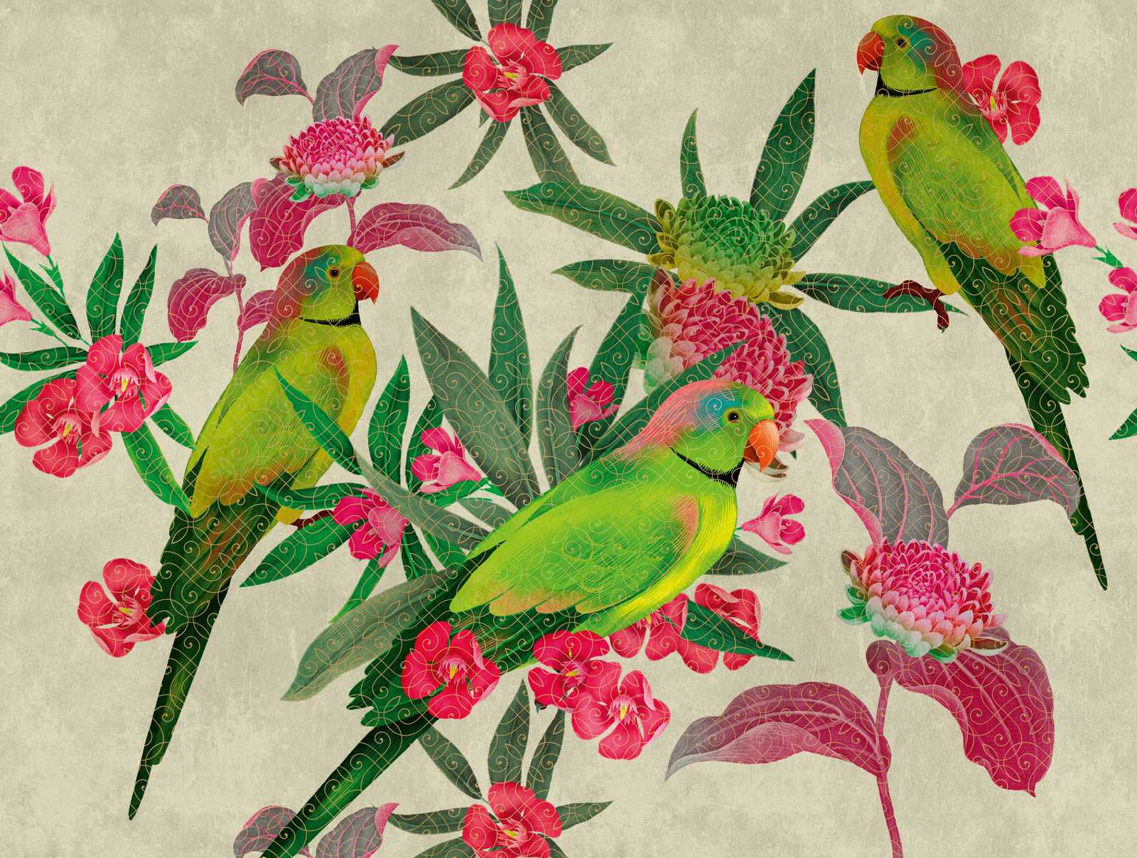             Behang nieuwigheid | papegaaien motief behang met bloemen in kunststijl
        