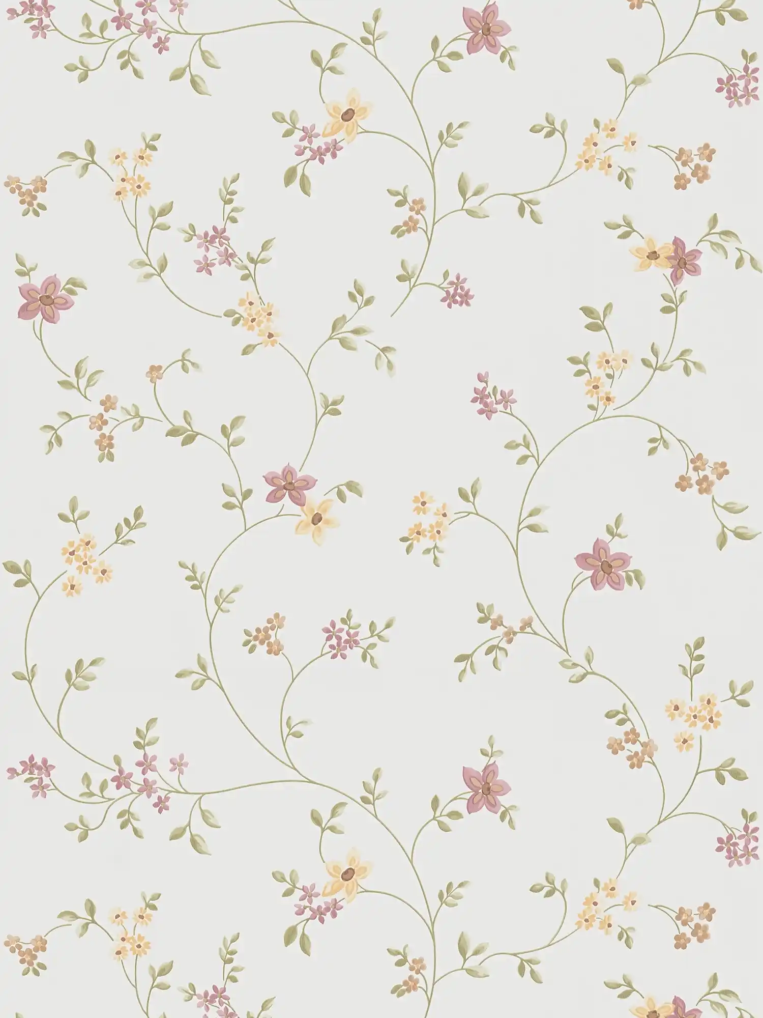 Papier peint adhésif | motif floral avec rinceaux discrets - crème, vert, beige

