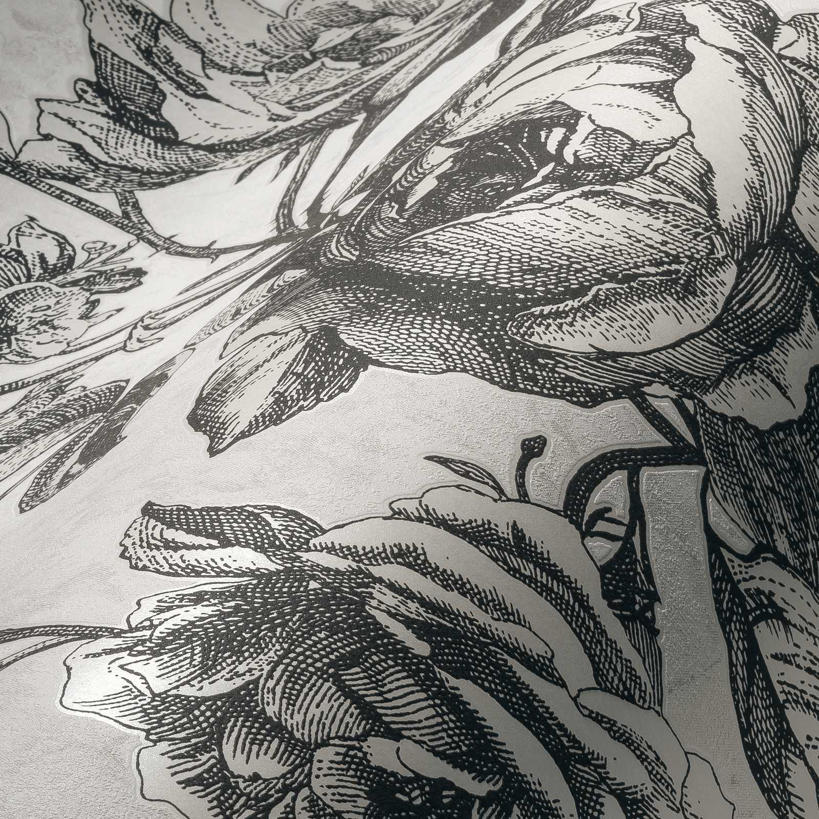             noir-crème papier peint roses motif fleurs - blanc, noir, gris
        
