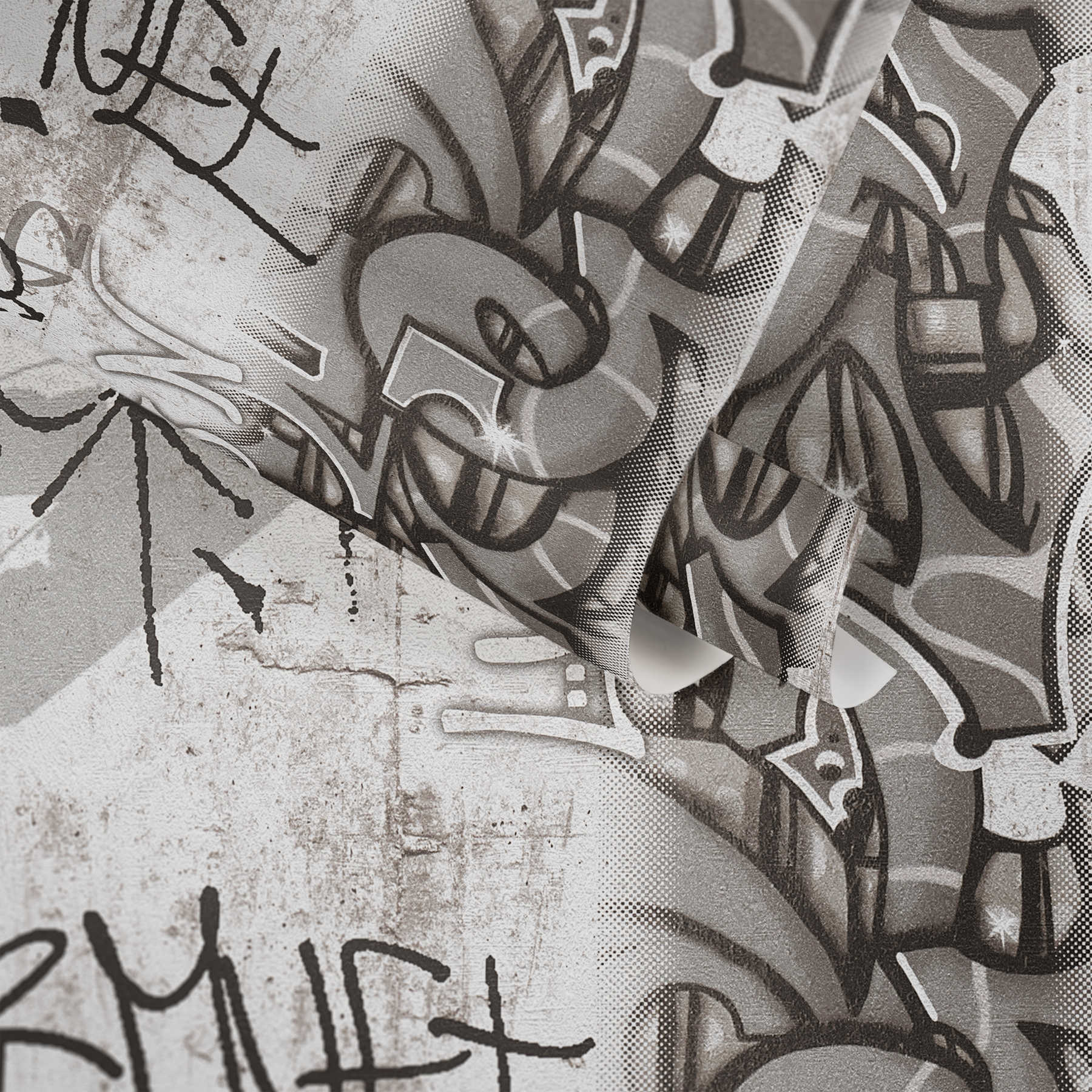             Papierbehang graffiti voor kinderkamer - grijs, zwart
        