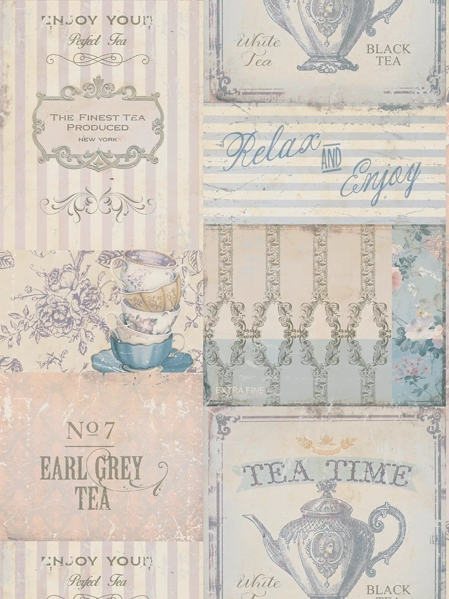 Papier peint Tea Time Collage style cottage - bleu, gris
