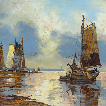         Photo wallpaper oil painting with historical sailing ships
    