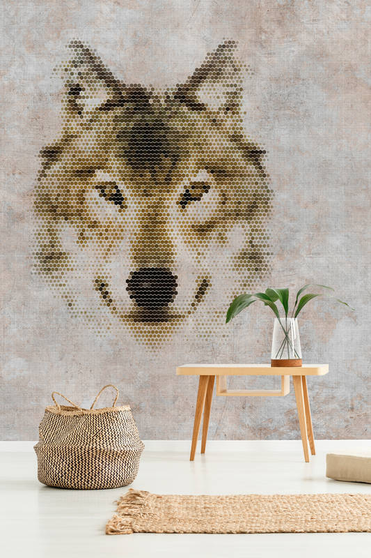             Big three 1 - digitaal printbehang in betonlook met wolf - natuurlijke linnenstructuur - beige, bruin | parelmoer glad vlies
        