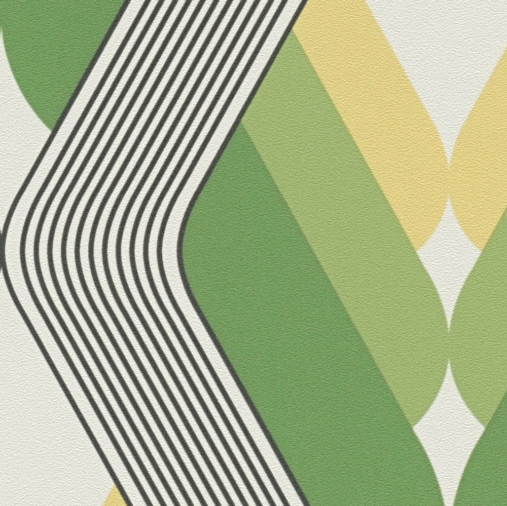             Papel pintado gráfico diseño años 70 - verde, blanco, negro
        