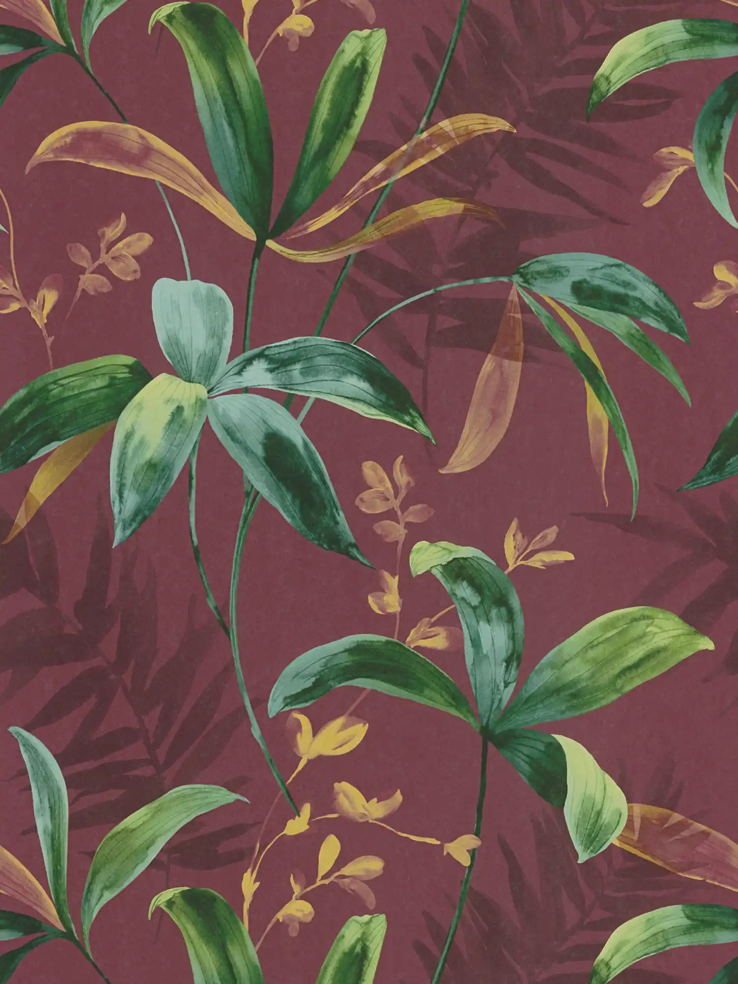 Dark red wallpaper with green leaves in watercolour style - red, green, yellow
