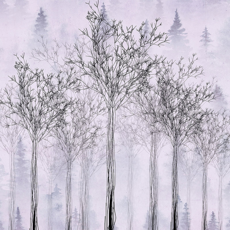 Papier peint panoramique béton coloré & arbres style dessin - violet, blanc, noir
