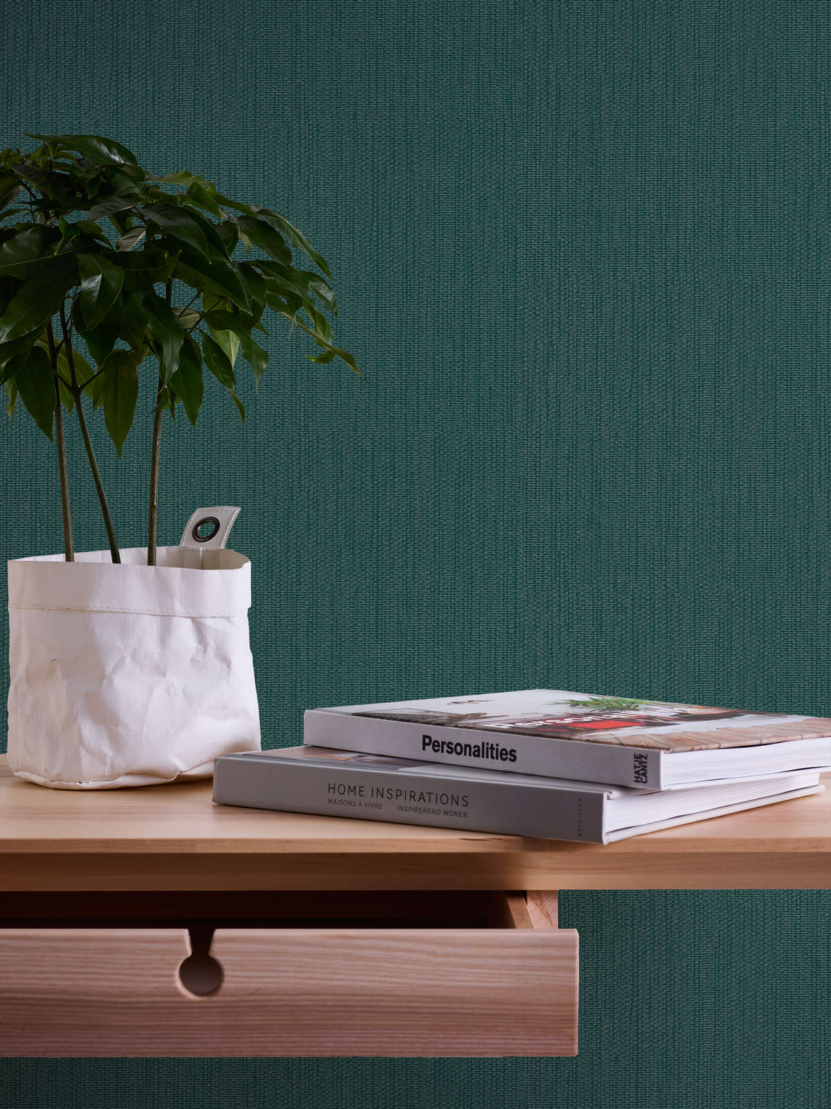             Single-coloured non-woven wallpaper in textile look - green, dark green
        