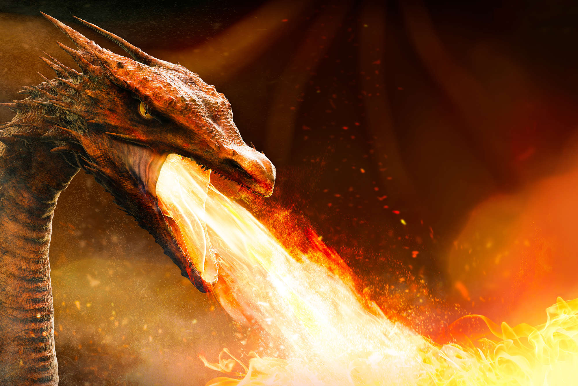             Papier peint panoramique fantaisie dragon crachant du feu sur nacre intissé lisse
        