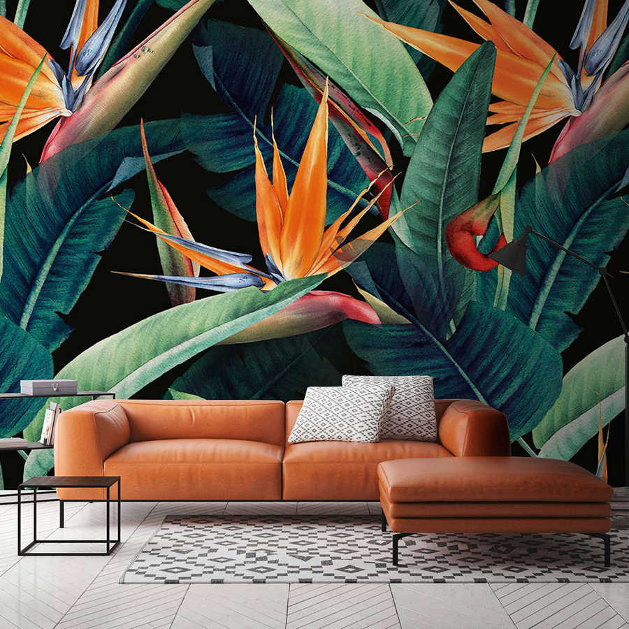 Papier peint panoramique motif jungle peint avec des feuilles - vert, orange, multicolore
