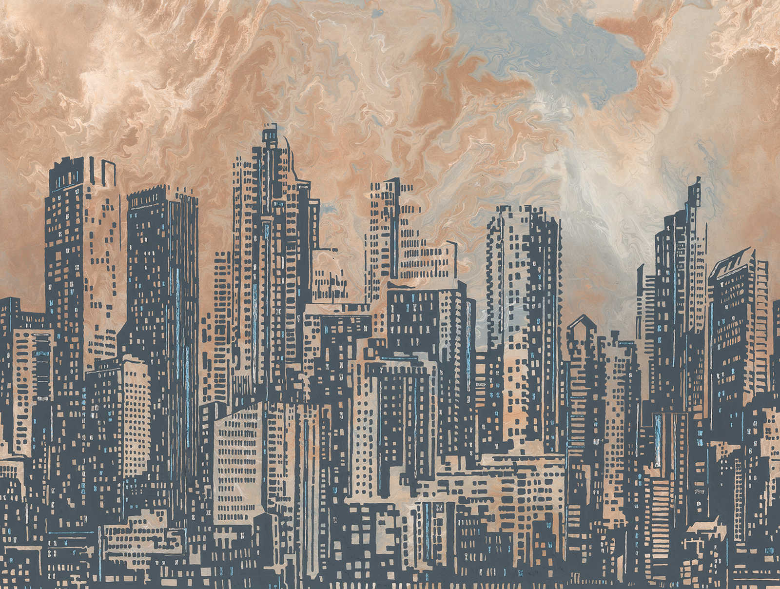            Papier peint intissé Skyline de la ville au crépuscule - orange, gris, bleu
        
