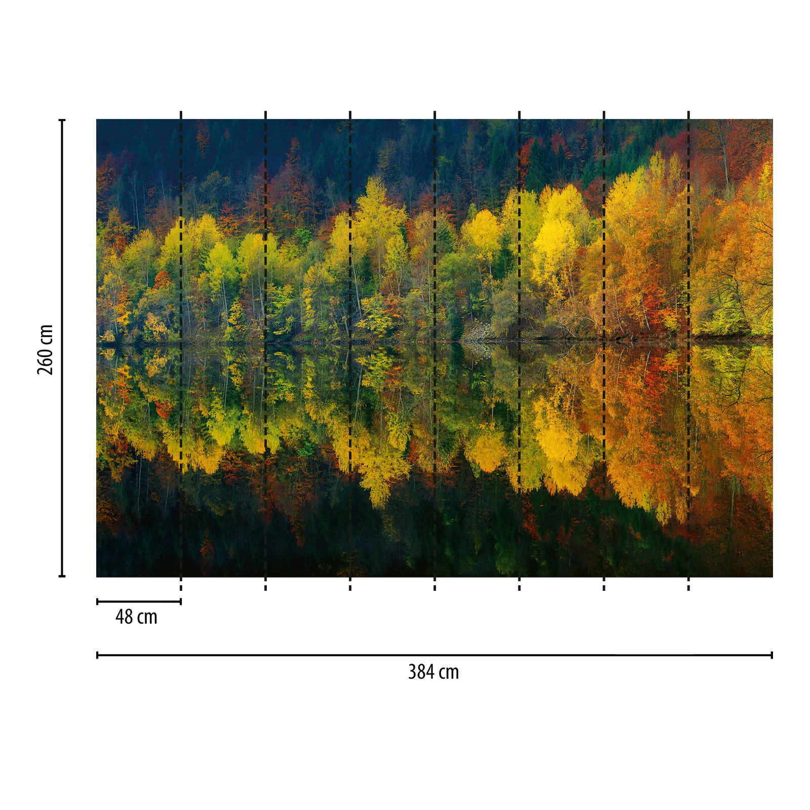             Papier peint panoramique Forêt au bord du lac en automne - jaune, orange, vert
        