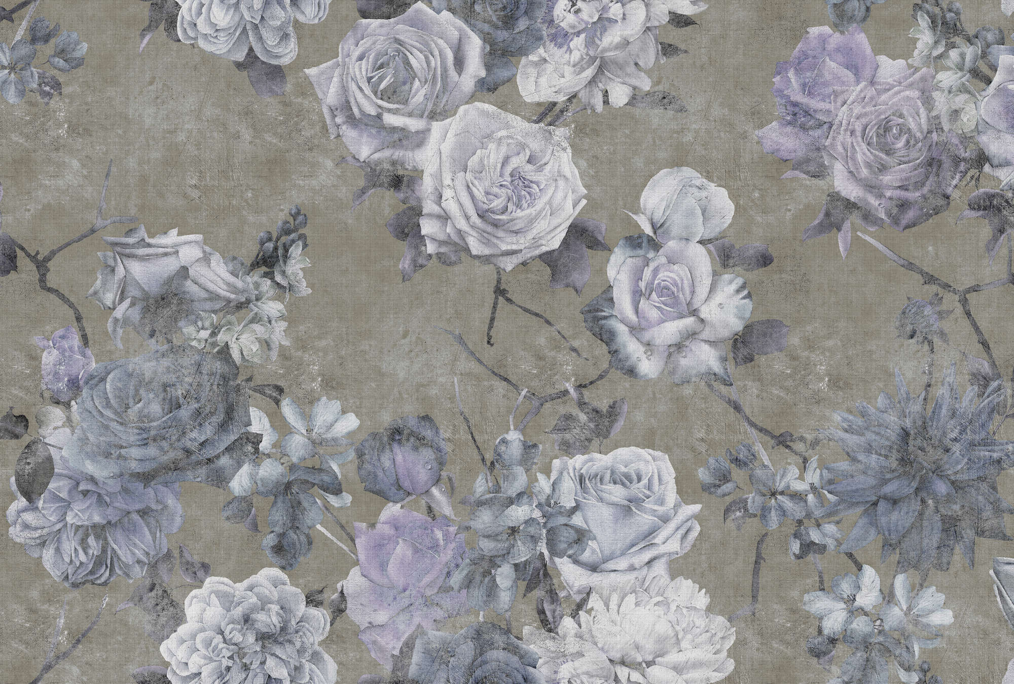             Sleeping Beauty 1 - Wallpaper in natural linen structure rose blossoms in used look - Blue, Taupe | Matt smooth fleece
        