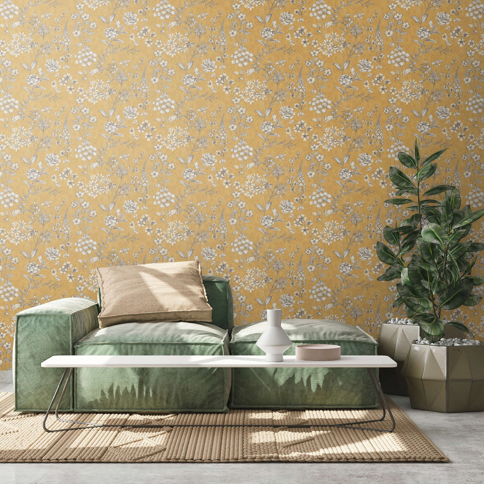             Vintage non-woven wallpaper with floral pattern - yellow, white, grey
        