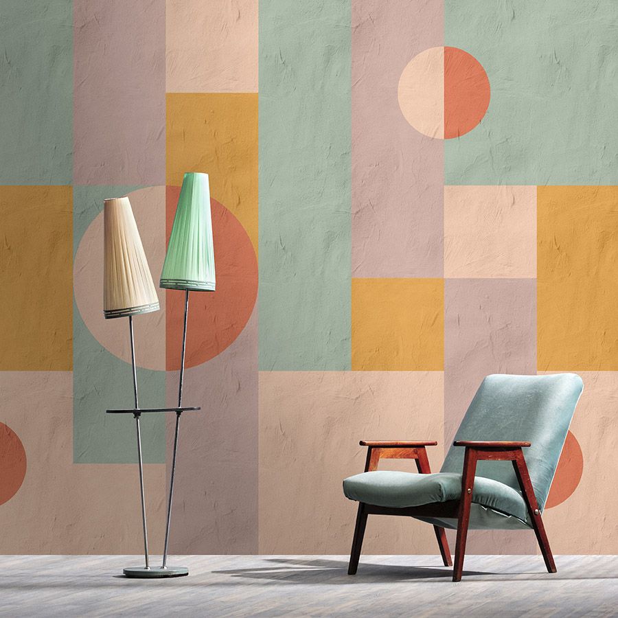 Photo wallpaper »estrella 2« - Graphic pattern in clay plaster look - red, orange, mint | Smooth, slightly pearlescent non-woven fabric
