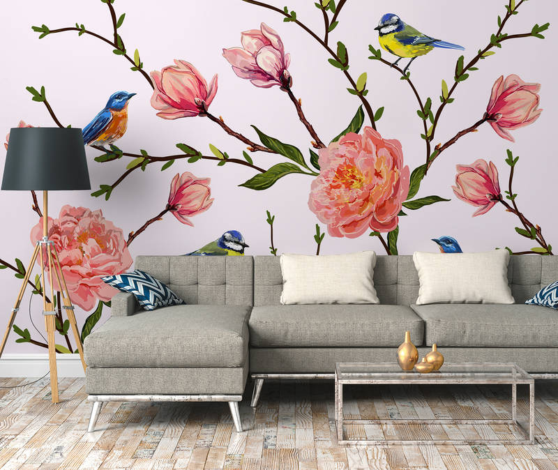             Fotomural Pájaros y Flores minimalista - Gris, Rosa, Verde
        